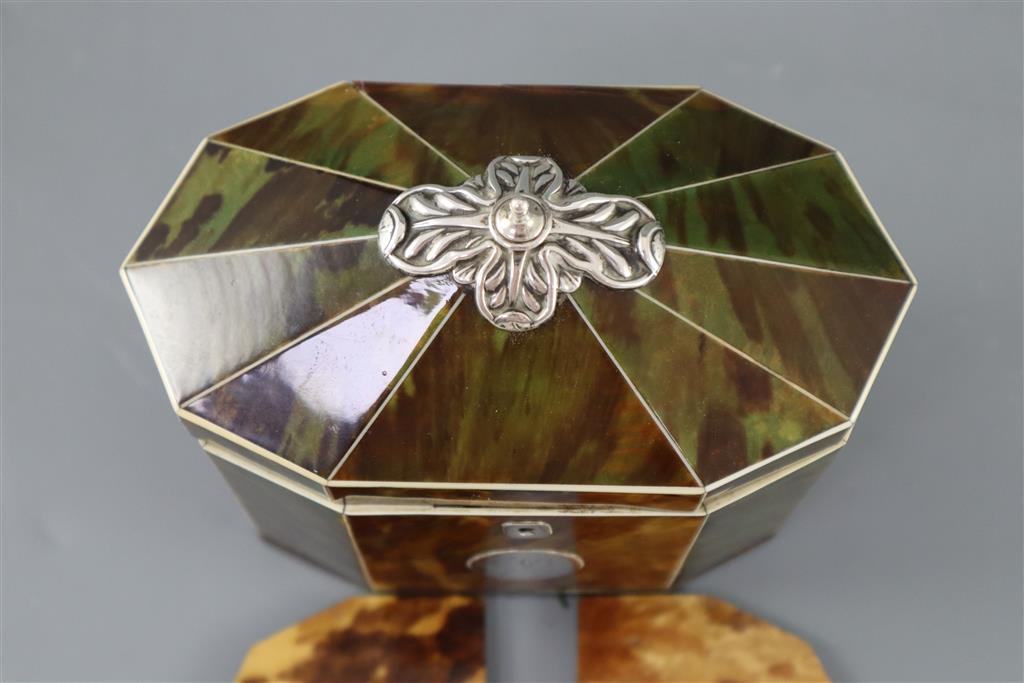 A George III silver mounted green stained tortoiseshell and ivory tea caddy, width 6in. height 5.5in.